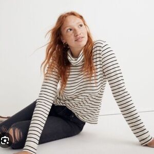 Madewell Whisper Cotton Cream and Charcoal Striped Turtleneck Tee - Medium